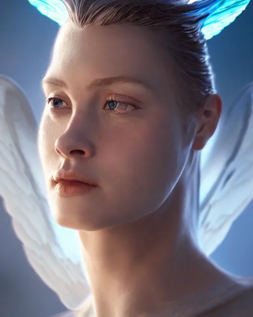 Image similar to Full potrait of cinead o'connor as an angel, hyper realistic, prismatic highlights, atmosphere, gorgeous, depth of field, cinematic, macro, concept art, 50mm, artstation, wlop, elegant, epic, weta digital, focus, octane render, v-ray, 8k, kodak portra, art by Liberatore