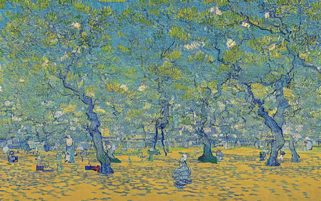 Prompt: a beautiful quiet park in fukuoka, fractal cubes. japanese embroidery. retro minimalist art by jean giraud and van gogh.