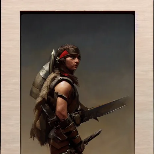 Prompt: Closeup shot of a young Spartan soldier, by Greg Rutkowski, painting, majestic art
