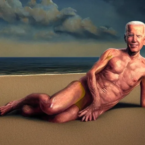 Image similar to hyperrealistic mixed media high resolution painting of a Joe Biden posing on a beach wearing a bikini, body of old man, stunning 3d render inspired art by István Sándorfi and Greg Rutkowski and Unreal Engine, perfect symmetry, dim volumetric lighting, 8k octane beautifully detailed render, post-processing, extremely hyper-detailed, intricate, epic composition, highly detailed attributes, highly detailed atmosphere, cinematic lighting, masterpiece, trending on artstation, very very detailed, masterpiece, stunning, flawless structure, lifelike texture, perfection,