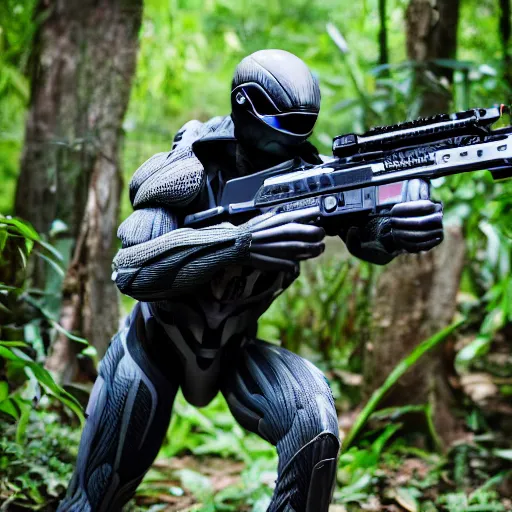 Image similar to close up Crysis Nanosuit shooting at enemies in a jungle combat photography 2022, Canon EOS R3, f/1.4, ISO 200, 1/160s, 8K, RAW, unedited, in-frame,