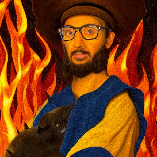 Prompt: close-up of Blippi sitting on a golden throne in a fiery hellish cave, neoclassical oil on canvas painting, 8k, highly detailed, highly intricate,