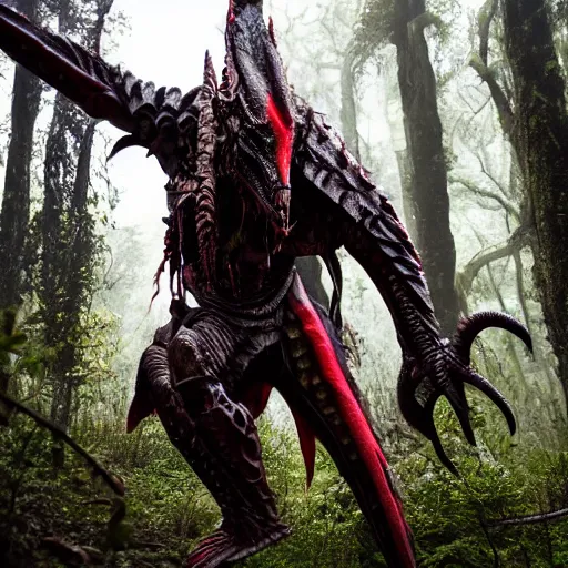 Image similar to High fantasy Yautja in dragon inspired armor in the forests plains of north yorkshire, Predator creature, alien hunter, 4k, Dragon skull biomask,