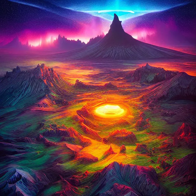 Image similar to fantasy aerial iceland landscape in the form of the human eye, volumetric lighting, colorful, sharp and focus, ultra detailed, beautifully lit landscape, astrophotography, in the art style of dan mumford and marc simonetti