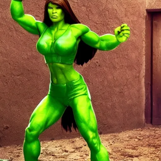 Prompt: jessica biel as green skinned hulk, gamora, she - hulk, green skin, muscular, bodybuilding woman, wheyfu, movie still