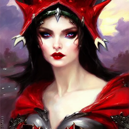 Image similar to Gothic elf princess in red dragon armor by Konstantin Razumov, face close up