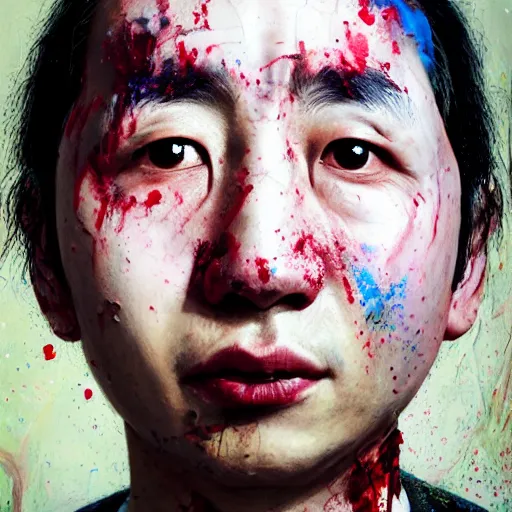 Prompt: photorealistic face portrait of chinese uyghur muslim prisoner, lots of spilled paint, wearing victorian rags, elite, disfigured, drooling, moist, unnatural movement, they are unhappy, bizzaro, baroque, renaissance, by emedios varo and anato finnstark and fenghua zhong, hyperrealism, 8 k, 3 d, masterpiece, texture