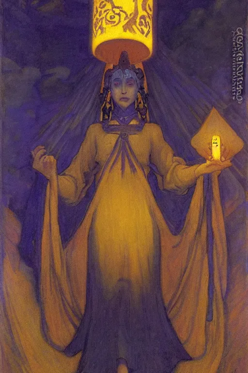 Prompt: child of darkness with their crown and lantern, by Nicholas Roerich and Annie Swynnerton and and jean delville, dramatic cinematic lighting , ornate headdress , flowing robes, sacred artifacts, lost civilizations, smooth, sharp focus, extremely detailed