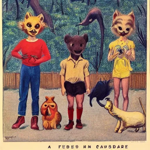 Image similar to vintage artwork of children on a playground wearing different animal masks,