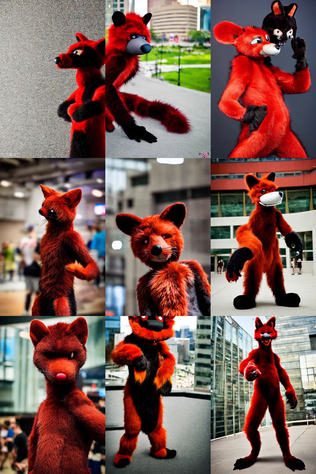 Image similar to photo of a fursuiter posing | | fullbody photoshoot photo portrait of a cute roguish male red - black furred weasel furry fursuiter ( tail attached ), key visual, taken at anthrocon ( furry convention )