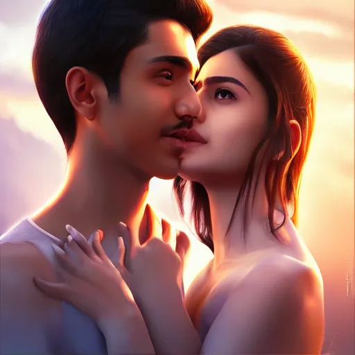 Image similar to theatrical press release ; indian young male and female couple sharing one heart ; stunning digital artwork by artgerm ; cinematic movie pose ; photorealistic, hyperrealistic, dramatic soft rim light ; highly detailed ; face by wlop ; trending on artstation ; cinematography from music video ; symmetrical, high coherence