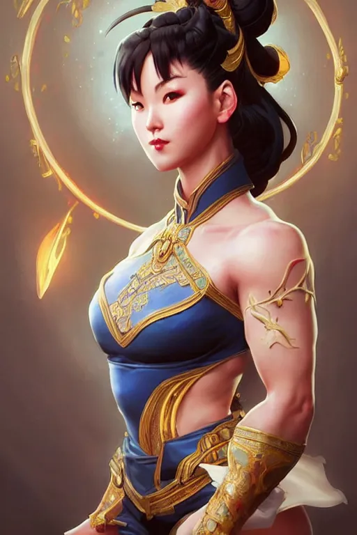 Image similar to beautiful chun li, full body shot, d & d, fantasy, intricate, elegant, highly detailed, digital painting, artstation, concept art, matte, sharp focus, illustration, hearthstone, art by artgerm and greg rutkowski and alphonse mucha