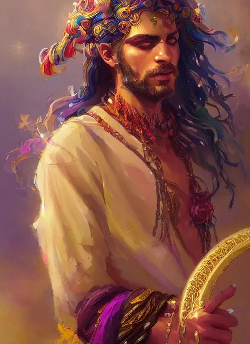 Image similar to a beautiful detailed painting of a gypsy male bard in colorful rainbow firion ornate robes robes, pale skin, white hair, yellow eyes, master of dreams art by jon foster trending on artstation painted by greg rutkowski, painted by stanley artgerm