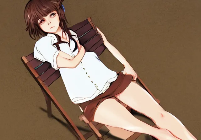 Image similar to A girl with short brown hair, wearing a white blouse, laying on a beach chair, drawn by WLOP, by Avetetsuya Studios, attractive character, colored sketch anime manga panel, trending on Artstation