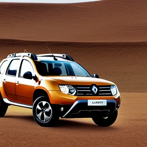 Prompt: Renault duster with tank turret instead of roof, hot desert