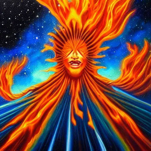 Prompt: great fiery anger, galactic nebular astral realm sacred journey in oil painting, trending on artstation, award winning, emotional, highly detailed surrealist art