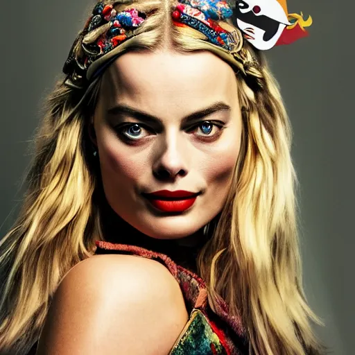 Image similar to margot robbie as a beautiful pirate with a parrot on the shoulder, realistic portrait, 8k resolution, hyper detailed, studio lighting, cinematic