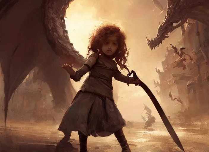 Image similar to a cute little girl with curly brown hair holding a sword faces off against a huge dragon, beautiful fantasy art by greg rutkowski.