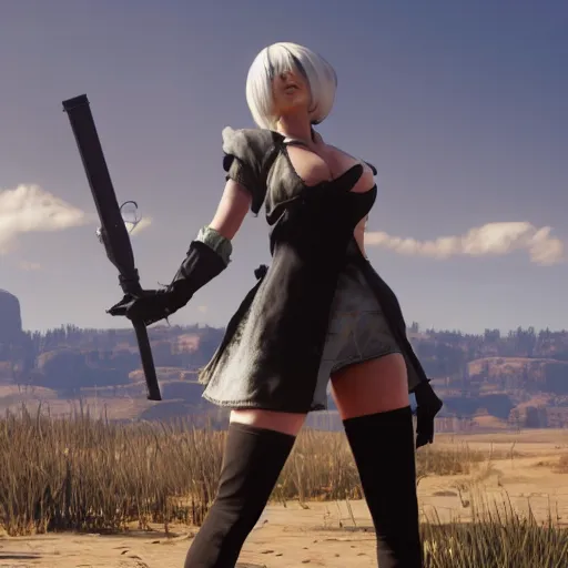 Image similar to photo of 2B nier automata in red dead redemption 2, medium full shot, detailed skin and detailed face and a thick thighs, safe for work, artstation, artstation HQ, hd, 4k resolution