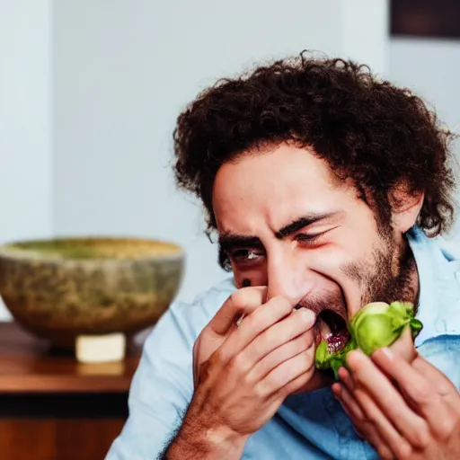 Prompt: man eating many bowls of rich as people around him panic