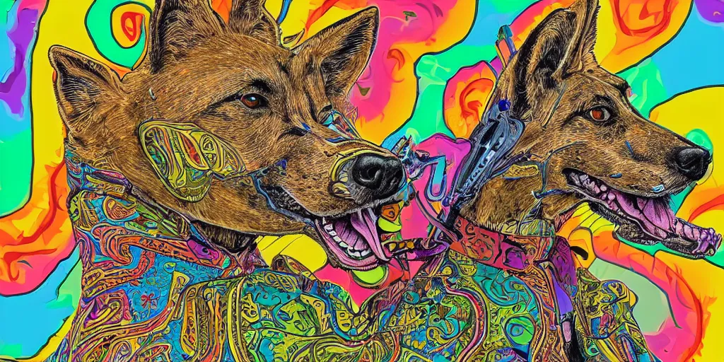 Image similar to highly detailed digital artwork of a psychedelic dingo - man with a salvador dali mustache. he wears a blue paisley jacket. he has a short green fade hairstyle. he is playing the trumpet.