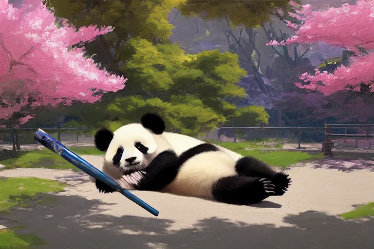 Image similar to panda chilling smoking weed, sakura trees, sakura season dynamic lighting, landscape, artwork by jeremy lipkin and giuseppe dangelico pino and michael garmash and rob rey and greg manchess and huang guangjian and makoto shinkai, pixiv, 1 0 0 mm