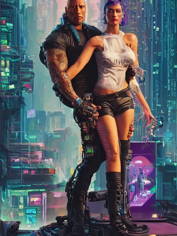 Prompt: a cyberpunk 2077 portrait of Dwayne Johnson holding a female android with couple pose,complex mess of cables and wires behind them connected to giant computer, love moive,film lighting, by laurie greasley,Lawrence Alma-Tadema,William Morris,Dan Mumford, trending on atrstation, full of color,face enhance,sharp focus, highly detailed,8K, octane,golden ratio,cinematic lighting