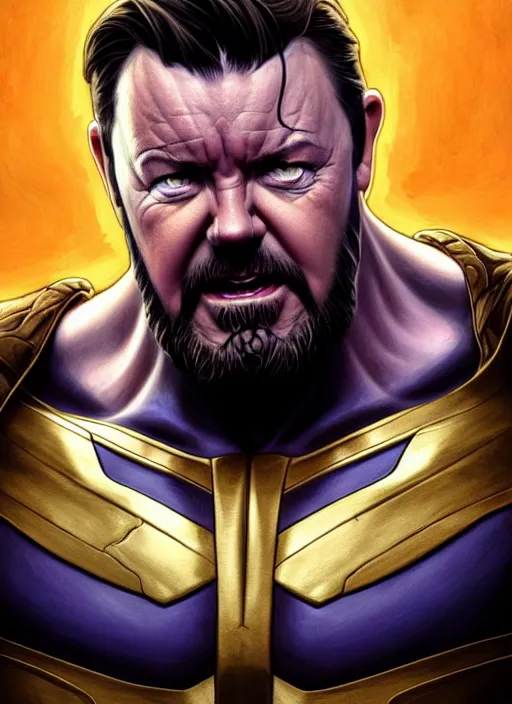 Image similar to portrait of ricky gervais as thanos, muscular! fantasy, intricate, elegant, highly detailed, digital painting, artstation, concept art, smooth, sharp focus, illustration, art by artgerm and greg rutkowski and alphonse mucha