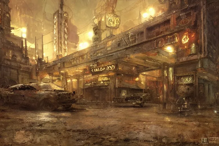 Image similar to A run down casino, moody scene, highly detailed, intricate, sharp details, dystopian mood, 1950 scene by gaston bussiere, craig mullins, somber lighting, drawn by Giacomo Burattini, inspired by graphic novel cover art