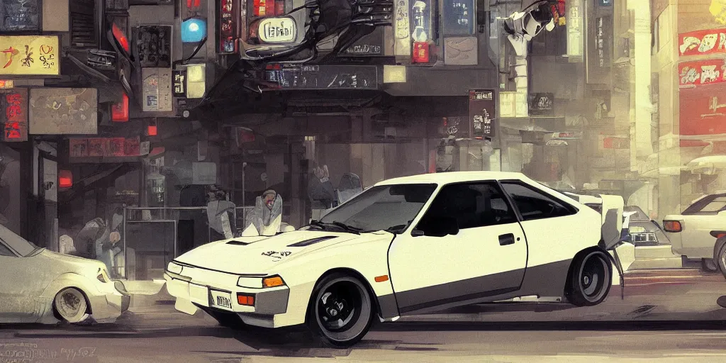 Prompt: ae 8 6 parked on a tokyo street, digital painting, masterpiece, by ilya kuvshinov, by frank frazetta, by mbius, by reiq, by hayao miyazaki