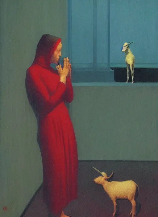 Image similar to woman praying to a goat on rainy night by Edward Hopper and James Gilleard, Zdzislaw Beksinski highly detailed