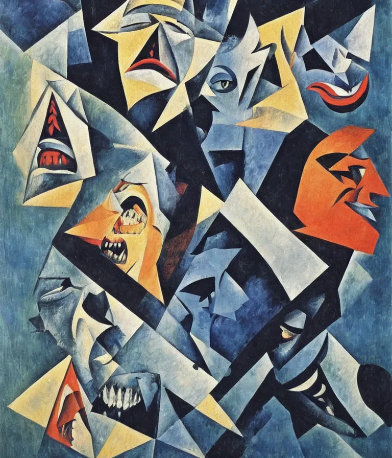 Prompt: Beautiful Horror Movie Poster made for the film Jaws (1975) starring Roy Scheider and Richard Dreyfus and a shark, impasto cubist! oil painting by Pablo Picasso and Jean Metzinger and Robert Delaunay, trending on artstation dramatic lighting Cubism 8k