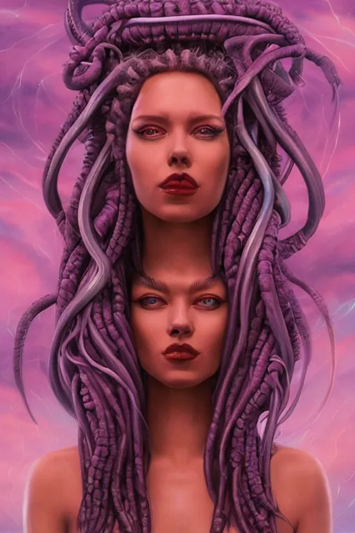 Image similar to portrait of an alien woman queen with long floating snake dreads, straight on portrait, by artgerm, tom bagshaw, gerald brom, vaporwave colors, lo - fi colors, vaporwave, lo - fi, moody vibe, goth vibe, 4 k, hd,