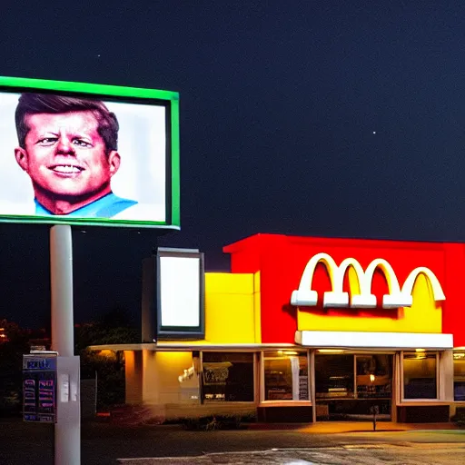 Prompt: JFK working at the mcdonalds drive thru at night, realistic, photorealistic, photograph, 8k, ultra realistic