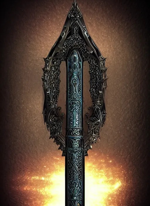 Image similar to legendary sword of technology, intricate black and iridescent blade, ornate gothic baroque spikes, glowing handle, detailed realistic, ray tracing, colored gems, artstation, deviantart