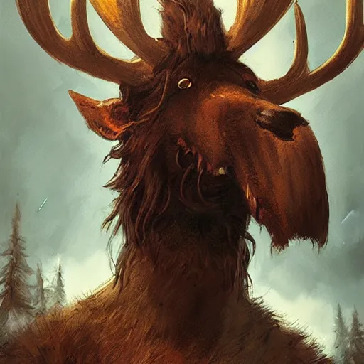 Image similar to hairy pirate with moose head by greg rutkowski