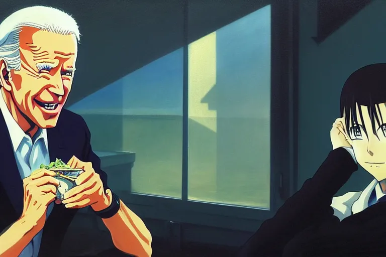 Image similar to anime key visual of joe biden eating all of the carbon credits, style of jamie wyeth james gilleard edward hopper greg rutkowski acrylic painting, preserved museum piece, historical