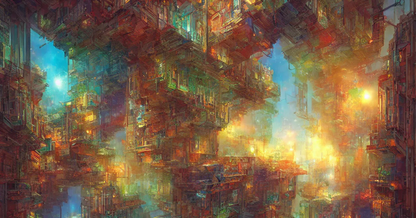 Image similar to Magic window to colorful different dimensions, with floating different energy strings and small particles, by Marc Simonetti