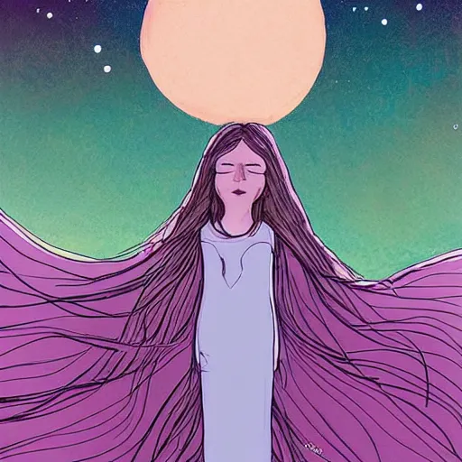 Image similar to Performance art. A beautiful illustration of a young girl with long flowing hair, looking up at the stars. She appears to be dreaming or lost in thought. by Brian K. Vaughan