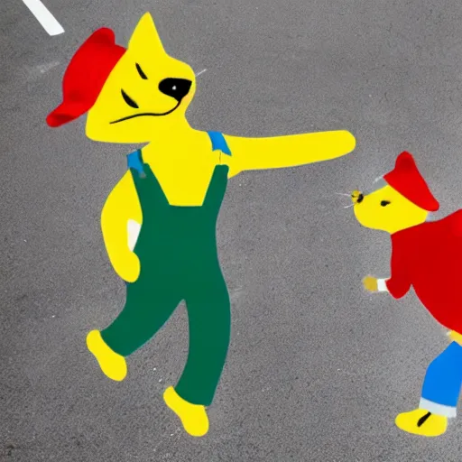 Image similar to realistic photograph of a bright yellow cat wearing 'red hat', 'green shirt' and 'blue overalls' dancing in a parking lot