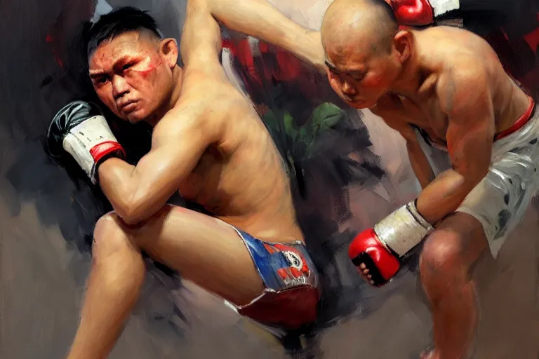 Image similar to greg manchess portrait of a filipino mma fighter shock of being hurt, organic painting, sunny day, matte painting, bold shapes, hard edges, street art, trending on artstation, by huang guangjian, gil elvgren, ruan jia, randy vargas, greg rutkowski