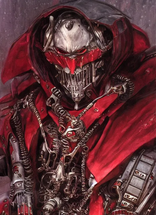 Image similar to portrait of rotten Nicolas Cage as adeptus mechanicus in red hood and robe from Warhammer 40000. Highly detailed, artstation, illustration by and John Blanche and zdislav beksinski and wayne barlowe