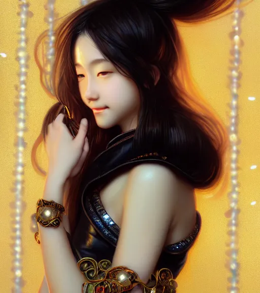 Prompt: portrait of teenage japanese aphrodite, wicked smile, wearing leather coat, onyx bracelets, intricate, elegant, sparkling dark jewelry, glowing lights, highly detailed, digital painting, artstation, concept art, smooth, sharp focus, illustration, art by wlop, mucha, artgerm, and greg rutkowski