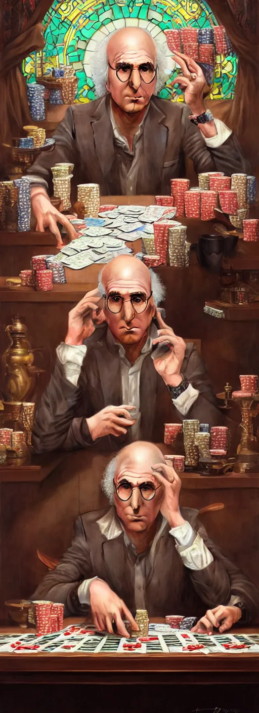 Prompt: full view realistic larry david playing poker, photorealistic, in the style of in the style of fenghua zhong and ruan jia and peter mohrbacher, holographic undertones, art nouveau background elisabeth sonrel, iconography, stained glass forest background, mystical painting, oil on linen, award winning, dramatic lighting, intricate details, cg, artstation