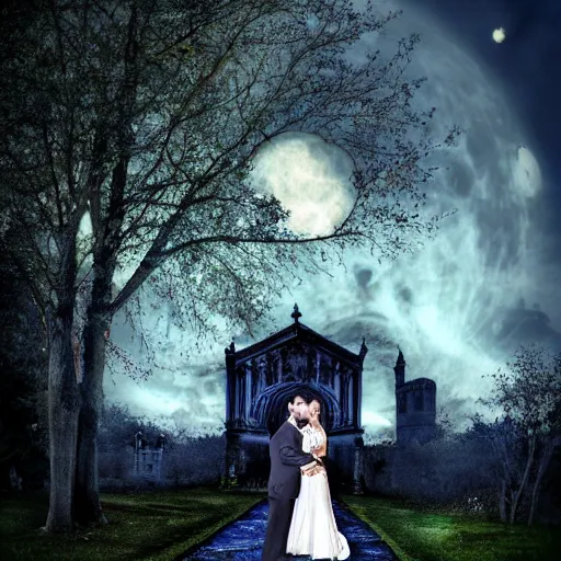 Image similar to a gothic wedding under a full blue moon, realistic, award - winning, 4 k, high resolution, hdr photograph