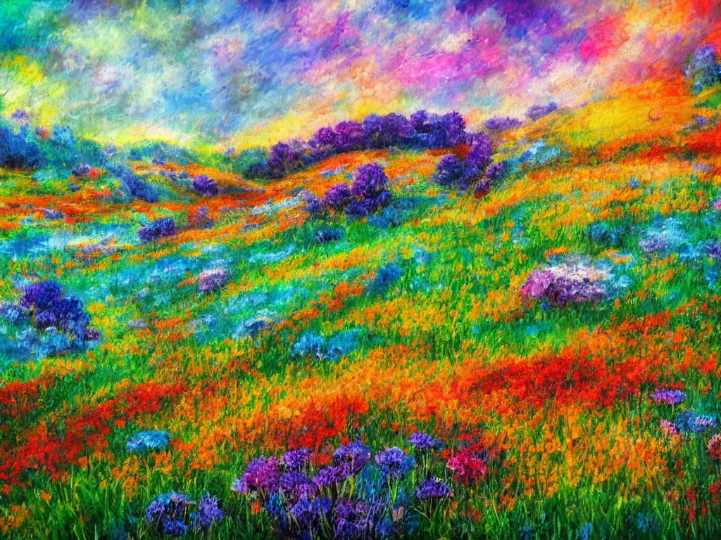 Prompt: an impressionist painting of a gorgeous meadow filled with colorful mushrooms with a stream flowing through it, psychedelic colors, colorful sky in background, trending on artstation