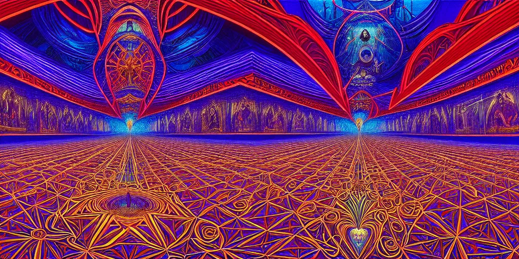 Image similar to cinematic view of the inside of a dmt cathedral filled with intricate and perfect patterns surrounded by infinite rooms, moebius, alex grey, oil on canvas, masterpiece, trending on artstation, featured on pixiv, cinematic composition, sharp, details, hyper - detailed, hd, hdr, 4 k, 8 k