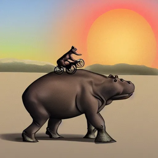 Image similar to a concept art of a hippopotamus riding a bike in the sunset