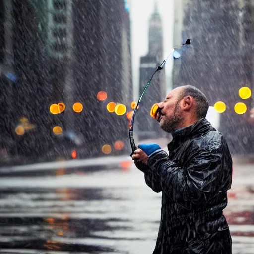 Prompt: closeup portrait of a man fishing in a rainy new york street, photography, detailed face, natural light, ƒ1.8, 35mm