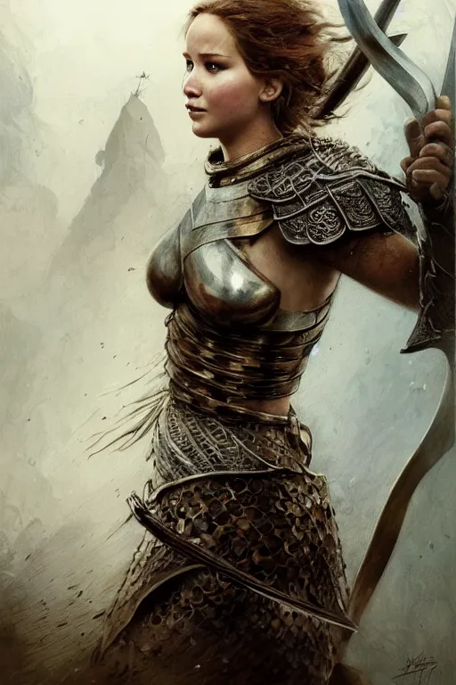 Image similar to jennifer lawrence, legendary warrior, heroic fighter, lord of the rings, tattoos, decorative ornaments, battle armor, omar ortiz, carl spitzweg, ismail inceoglu, vdragan bibin, hans thoma, greg rutkowski, alexandros pyromallis, perfect face, sharply detailed, centered, rule of thirds, realistic shading, photorealism